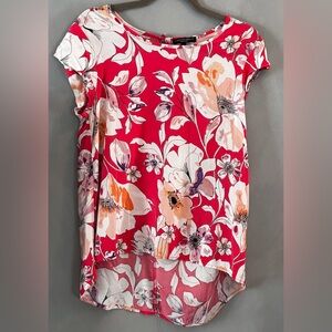 Christian Siriano Floral Blouse Medium Red Pink Short Sleeve Rayon Top